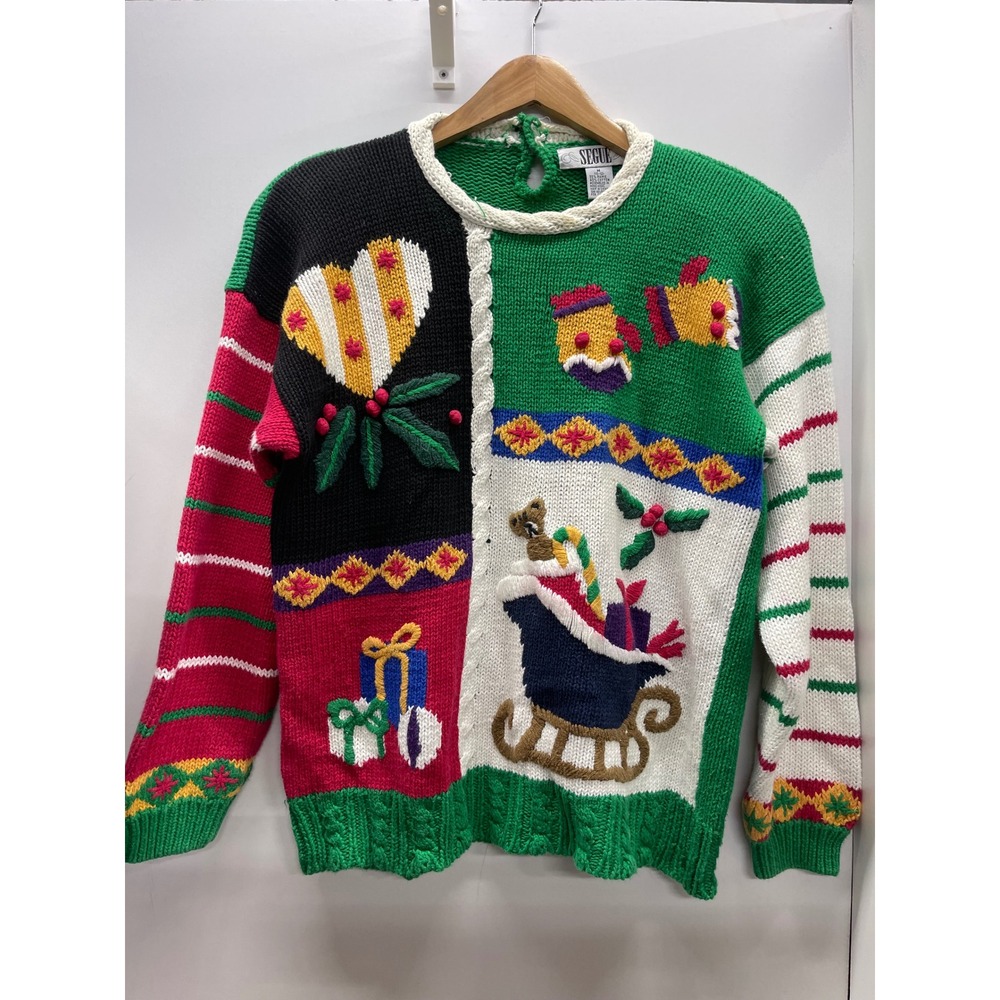Vintage Segue Christmas Sweater Womens Medium M Colorblock Sleigh Heart 90s